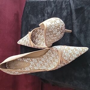 BCBGirls Beige and Gold Logo Heels
